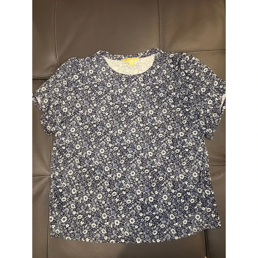 Michael Kors Floral Puff Sleeve Top Navy Blue Daisy Women 2X